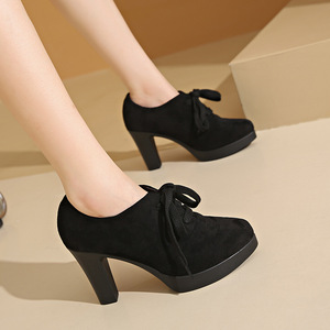 Pure Color <b>Tie</b> <b>Back</b> Thick Heel Fashion Pointed Toe Flats Women's Model Autumn Elegant Plus Size High Heel Flats - Product Image 1