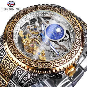 Forsining Watch Hollow orologio meccanico da uomo orologio da polso da uomo incisione di lusso fase lunare retrò