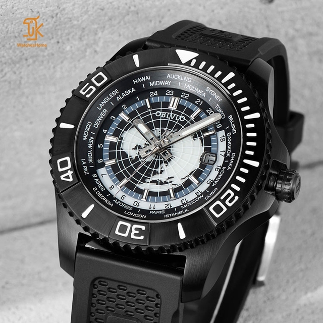 OEM Custom Private Label Dual Time Zones GMT Watch Black 316L Steel Mechanical Calendar 10ATM Divers Watch Design Manufacturer