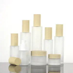 Botol pompa semprot, dispenser krim perawatan kulit kaca buram 20g 30g 50g dengan tutup serbuk kayu