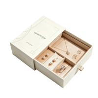 Boîte à bijoux personnalisée avec logo, tiroir, intérieur en velours champagne, imprimé vert olive, multi-compartiments pour bagues et colliers, emballage rigide