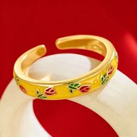 Bague en émail vintage à motif floral, bijou réglable de style chinois pour femme