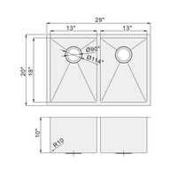 Évier de cuisine rectangulaire double bac en acier inoxydable brossé fait main 29" x 20" pour installation sous plan, design moderne