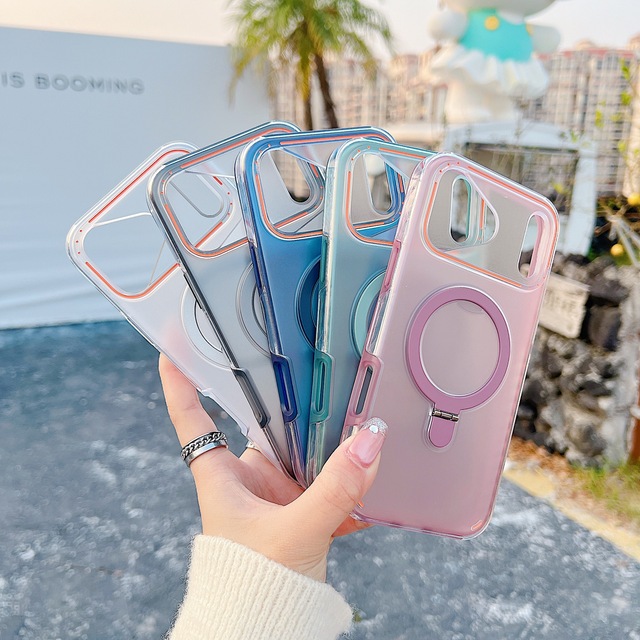 Fashion Iridescent Magnetic Kickstand Holder Matte Case Compatible for iPhone 17 16 Pro Max 2-in-1 Armor Shockproof Shell