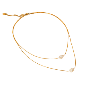 Collier Pendentif Double Couche en Perle d'Eau Douce Plaqué Or 18 carats Acier Inoxydable Chaîne Fine pour Femme - Product Image 5