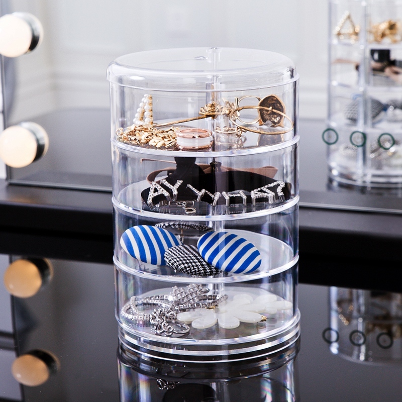 Suport organizator pentru depozitare si afisare cosmetice, bijuterii, accesorii birou sau obiecte mici, rotativ, cu 3 compartimente, transparent, 11,5 x 14 2 Unknown Image