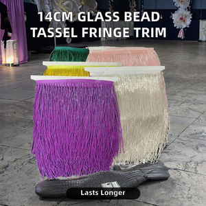 Fabulosa flecos de borlas de cuentas de vidrio de 14 cm, ribete de cuentas cosidas a mano, flecos de cuentas para uso textil en el hogar - Product Image 2