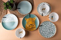 Ensemble de vaisselle en porcelaine écologique en gros, motif tête de léopard, assiette et bol, certifié LFGB BSCI, logo personnalisé
