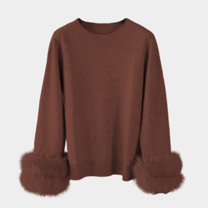Nuovo Arrivo all'Ingrosso: Maglione Pullover da <span class=keywords><strong>Donna</strong></span> in 100% Lana, Colore Tinta Unita, Collo a O, con Polsini in Pelliccia di Volpe - Product Image 5