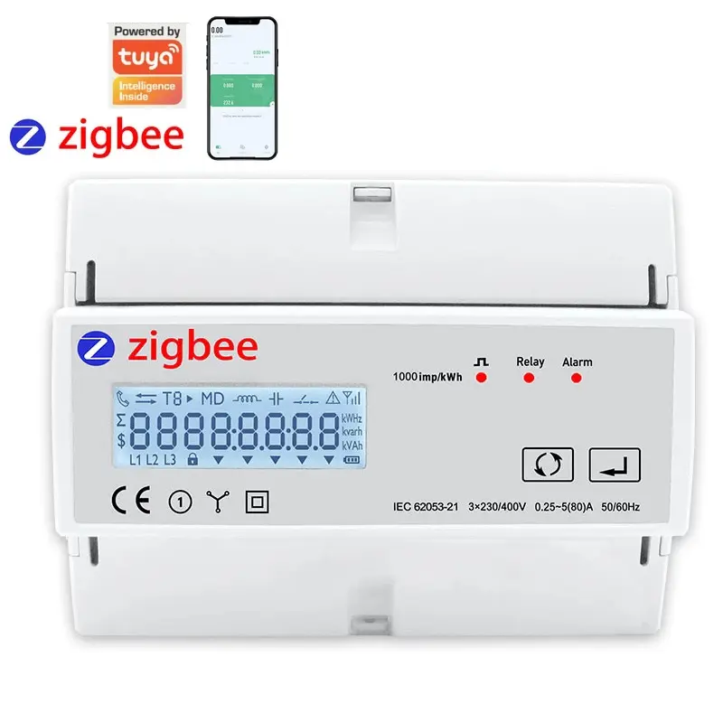 80A Electric Consumption Meter Din Rail Voltmeter Volt Amp Kwh Frequency 3 Phase Energy Meter Zigbee Energy Monitor Tuya