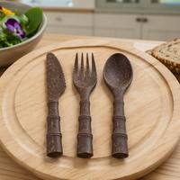 Ensemble de couverts en fibre de coco écologique, manche en forme de bambou, fourchette, couteau, cuillère jetables et compostables pour la restauration