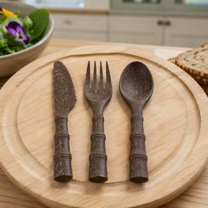 Eco Coir Fiber Section Cutlery Set Bamboo Shaped Handle Compostable Disposable Fork Knife <b>Spoon</b> for Catering Restaurant - Product Image 1