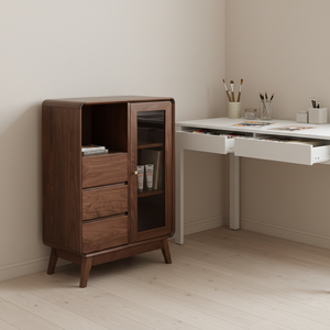 Coffre de rangement moderne minimaliste en noyer noir - Étagère ouverte en verre, 3 tiroirs, meuble bas (éco-responsable et durable) pour - Product Image 4