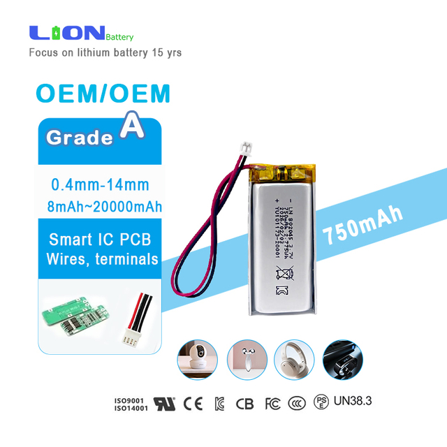 High Quality UL KC Un38.3 Certified Rechargeable  Lithium-Ion Polymer Battery 3.7V 750mAh 2.78Wh Lipo 402030 Lithium-Ion Battery