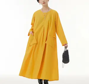 Custom Logo Lady Fashion Clothes Fall Long Sleeve Vestidos Oversize Women's Loose Pleat Patchwork pocket Round Collar Maxi Dress