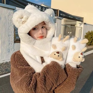 Ensemble bonnet, écharpe et gants en polaire pour femme Ni Xuan, hiver, épais, pelucheux, chaud, trois pièces, motif ours, taille adulte 54-56 cm - Product Image 1