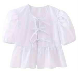 Camicia da donna <span class=keywords><strong>bianca</strong></span> a <span class=keywords><strong>maniche</strong></span> <span class=keywords><strong>corte</strong></span> Casual da ragazza bella camicetta corta con fiocco - Product Image 6