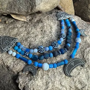 Collier ethnique classique bleu à 3 rangs avec perles de culture slavie, pendentif en bronze, bijoux tribaux, bijoux ethniques, unique - Product Image 6