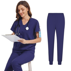 Women Scrub Set Blue V Neck Short Sleeve Top And Pants Moisture Wicking Hospital Uniform For Doctor Nurse Workwear - Product Image 3