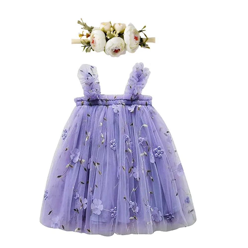 Vestido tutu sem mangas para meninas, vestido de casamento em tule em camadas com estampa floral de lavanda, vestidos tutu de princesa com bandana de flores