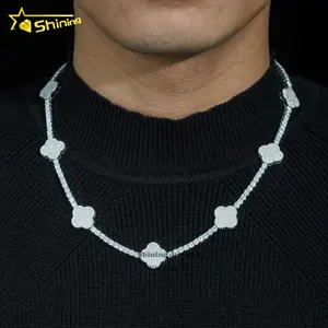 Joyería brillante Venta caliente Estilo rapero Hip Hop Collar GRA 925 Cadena de tenis de trébol de plata esterlina con diamante de moissanita VVS