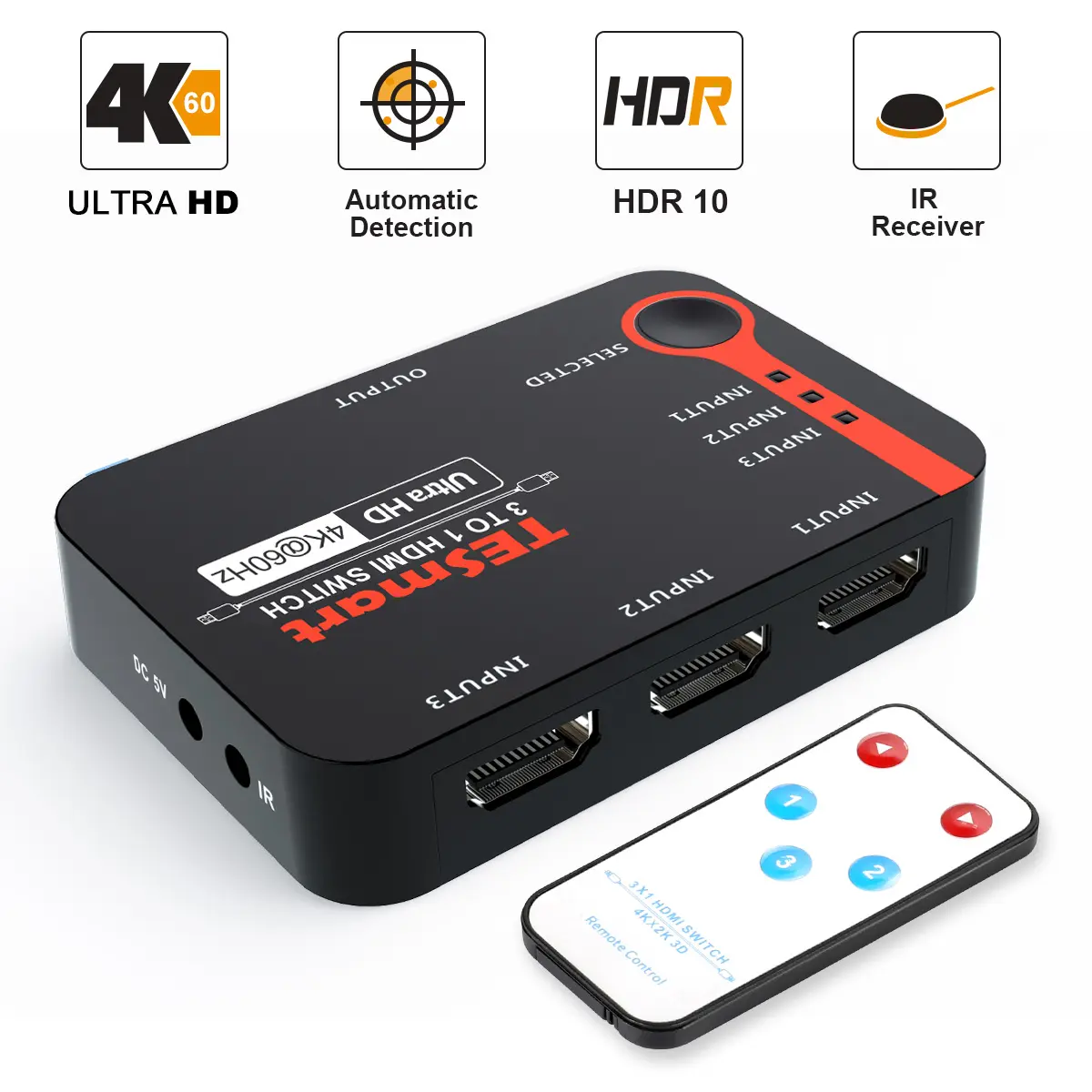 Commutateur HDMI TESmart 3x1 4K @ 60Hz émulateurs EDID HDR 10 conforme avec HDCP 2.2 Commutateur HDMI 3x1 Sélecteur 4K @ 60Hz