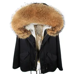 ウサギの毛皮の裏地冬のジャケットの女性のファッションの女性アーミーグリーン大きなアライグマの毛皮の襟コートパーカ