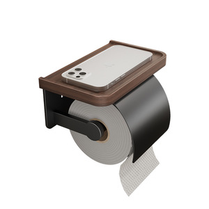 Shu Zheng Walnut Wood Toilet <b>Paper</b> Holder Wall Mounted Black Modern Rectangular Bathroom Shelf Sink <b>Tissue</b> Holder - Product Image 5