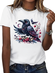<b>Gothic</b> Raven Women's <b>T</b>-<b>Shirt</b> Short Sleeve Round Neck Digital Print Floral Hearts Casual Top All-Season Halloween Outfit 100% - Product Image 1