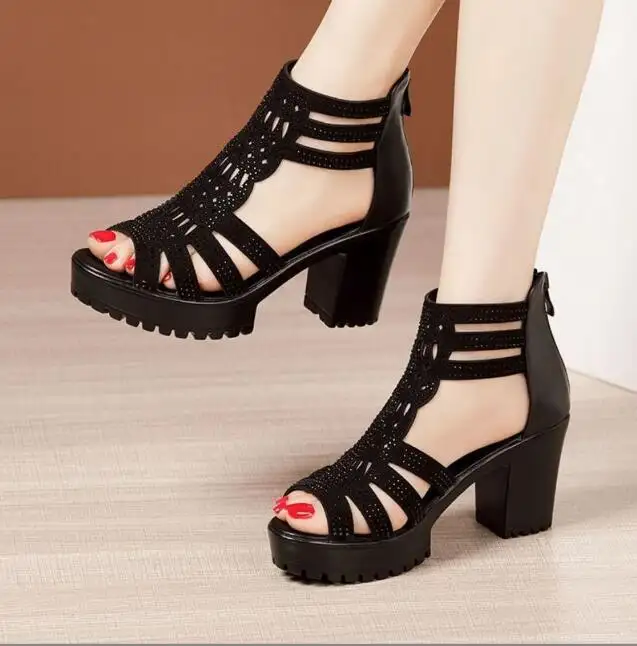 Harga Pabrik Sandal Platform Wanita Tumit Tinggi Chunky Tumit Terbuka Zip Up Sepatu Pesta Gaun Sepatu untuk Anak Perempuan