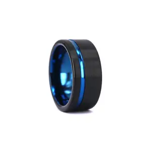 Free Engraving 10mm Black Brushed Effect Tungsten Ring With Blue Offset Groove