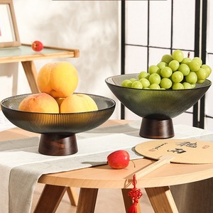 Piring Buah Kaca Berdiri Tinggi dengan Alas Kayu Solid Vintage Baru Gaya Cina untuk Ruang Tamu Rumah Tangga Meja Kopi Kelas Atas - Product Image 1