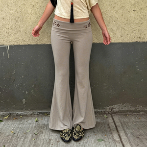 Pantalones Largos Acampanados de Cintura Baja con Bordado Floral Vintage, Cintura Elástica, Color Sólido, Tejido Elástico, Casuales, Deportivos, de Verano - Product Image 1