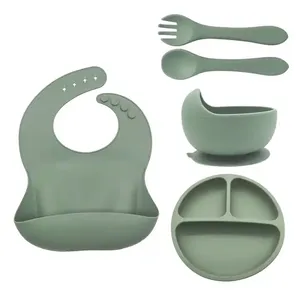 WONDERFUL Hot Sale Silicone Baby Feeding Set 5 in 1 Tableware Set Kids Food Feeding Dinnerware Set