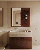 Meuble-lavabo flottant classique et minimaliste personnalisé avec vasque intégrée et miroir LED intelligent en bois massif