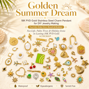 Sueño Dorado de Verano |   Colgante de Acero Inoxidable con Baño de Oro PVD de 18K para Fabricación de Joyería DIY |   Vida Marina, Palmeras, Playa y Vacaciones - Product Image 1