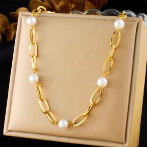 European American Fashion Pearl Necklace Gold Plated Stainless Steel Chain Geometric Design Gift Jewelry - Product Image 1