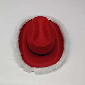Chapeau de cowboy en velours rouge de style occidental pour Noël, costume de Père Noël avec bordure pour les fêtes et festivals - Product Image 3