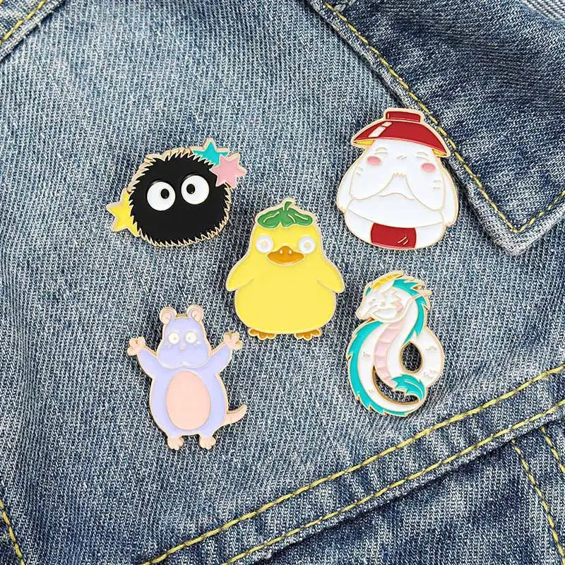 Hayao Miyazaki Anime Enamels Pin Yellow Duck Mouse Coal Bailong Haku Brooches Cartoon Movie Badge Jewelry Gift for Fans Friends