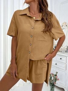 Conjunto de 2 Piezas para Mujer, Verano 2026, Elegante, Color Sólido, Casual, Shorts y Camisa Holgados - Product Image 2
