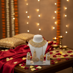 Royal Fancy Collection High Quality White Alloy Ethnic Pearl Kundan Bridal <b>Set</b> Heavy <b>Gold</b> Plated Choker Handcrafted Engagement - Product Image 3