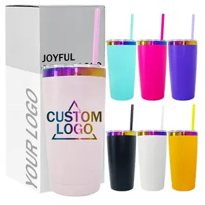 Gepersonaliseerde Ontwerp Logo Vacuüm Geïsoleerd Dubbelwandig Roestvrij Staal 20Oz Regenboog Vergulde Tumbler Met Lekdicht Deksel