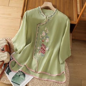 Traditional Chinese Embroidered Shirt Women Cotton Linen Stand Collar Three Quarter Sleeve Pullover Top - Product Image 4