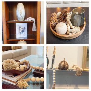 Chaîne de perles en bois, grande, couleur naturelle, avec pompon en corde de chanvre, ornement artisanal, décoration d'intérieur, perles rondes pour projets DIY - Product Image 2