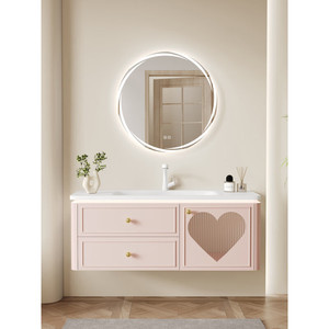 Modern MDF Pink Bathroom Vanity Combo with Ceramic Basin Wall-Mounted LED Mirror Customizable for Apartment & Hospital Use - Product Image 1