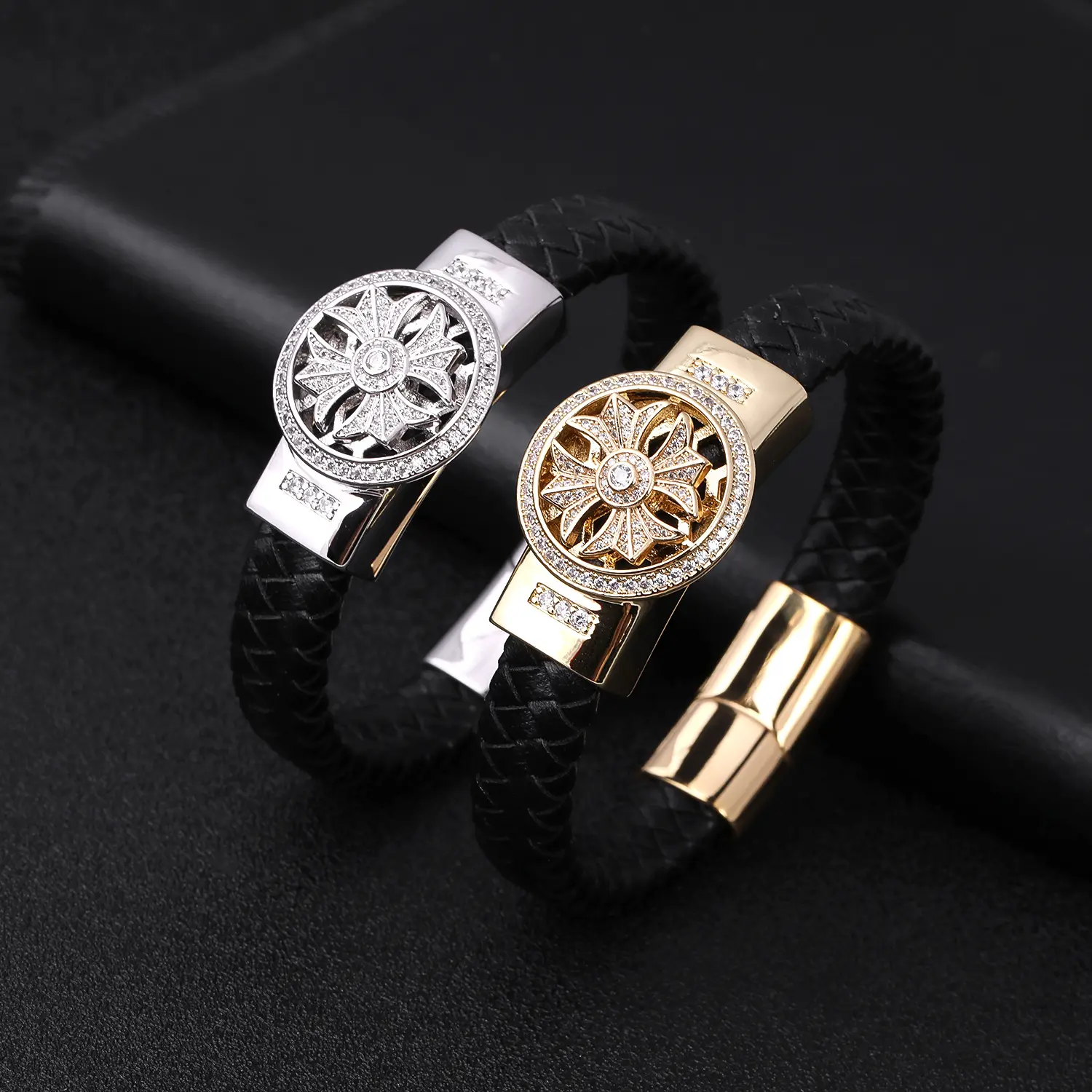 Bracelet en cuir PU tressé et en acier pour hommes, bijou de luxe, en acier inoxydable, avec des diamants, accessoire de mode, offre spéciale