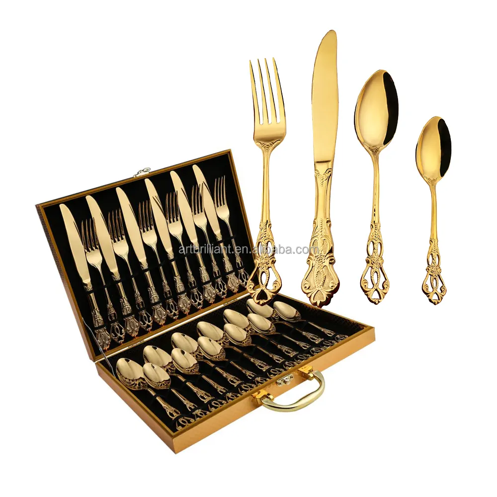 جيد طقم هدايا طقم سكاكين ذهبية الفولاذ المقاوم للصدأ 24 قطعة مجموعة أدوات المائدة مع خشبية حافظة الجراب