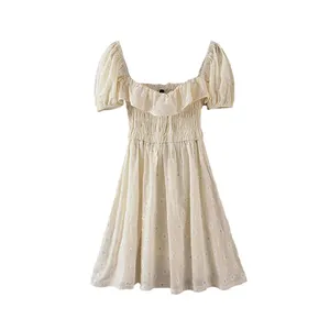 高品质性感方形领粉扑袖米色女装夏季亚麻棉休闲连衣裙