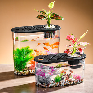 Transparante kantoorvisbak met goudvis, schildpad, bureau, miniatuurlandschap, ornamenten van plastic voor gebruik in de woonkamer - Product Image 4