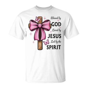 Camiseta con lazo rosa y cruz Blessed By God Loved By Jesus, camiseta de fe cristiana para mujer - Product Image 1